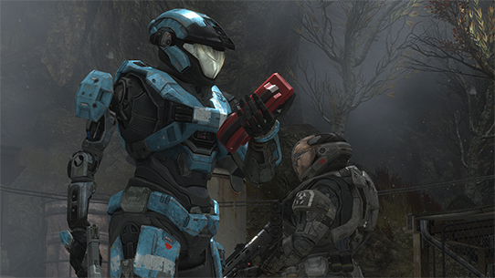 Halo Reach Screenshot of Kat investigating an object with Jun in the background. Click to read about the blog about Accessibility in M C C.