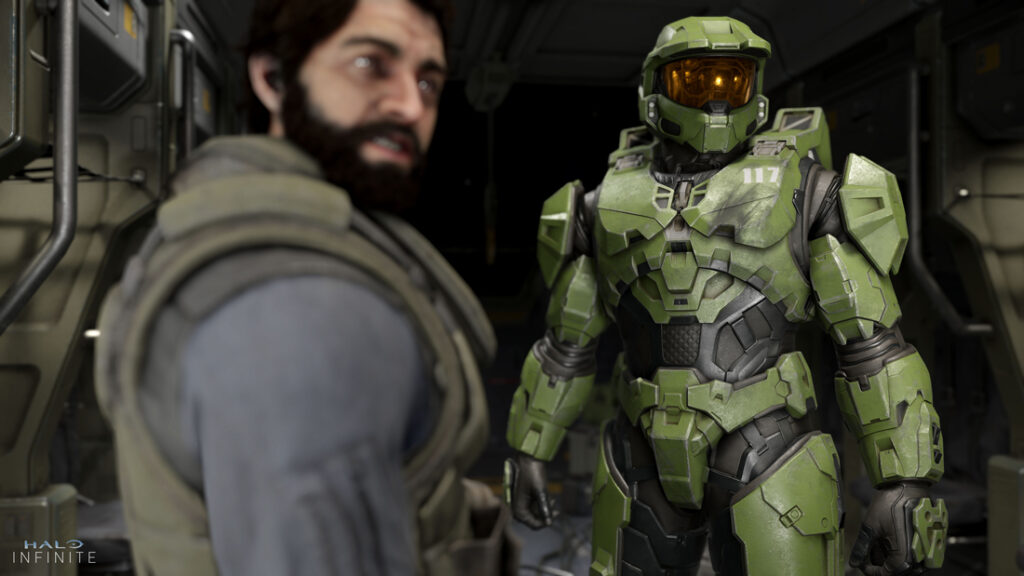 Master Chief and the Pilot react to the alarm on the Pelican.