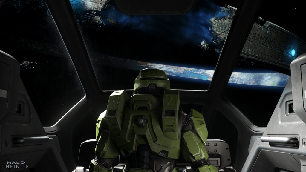 Master Chief looks at the broken ring of Zeta Halo from a Pelican.