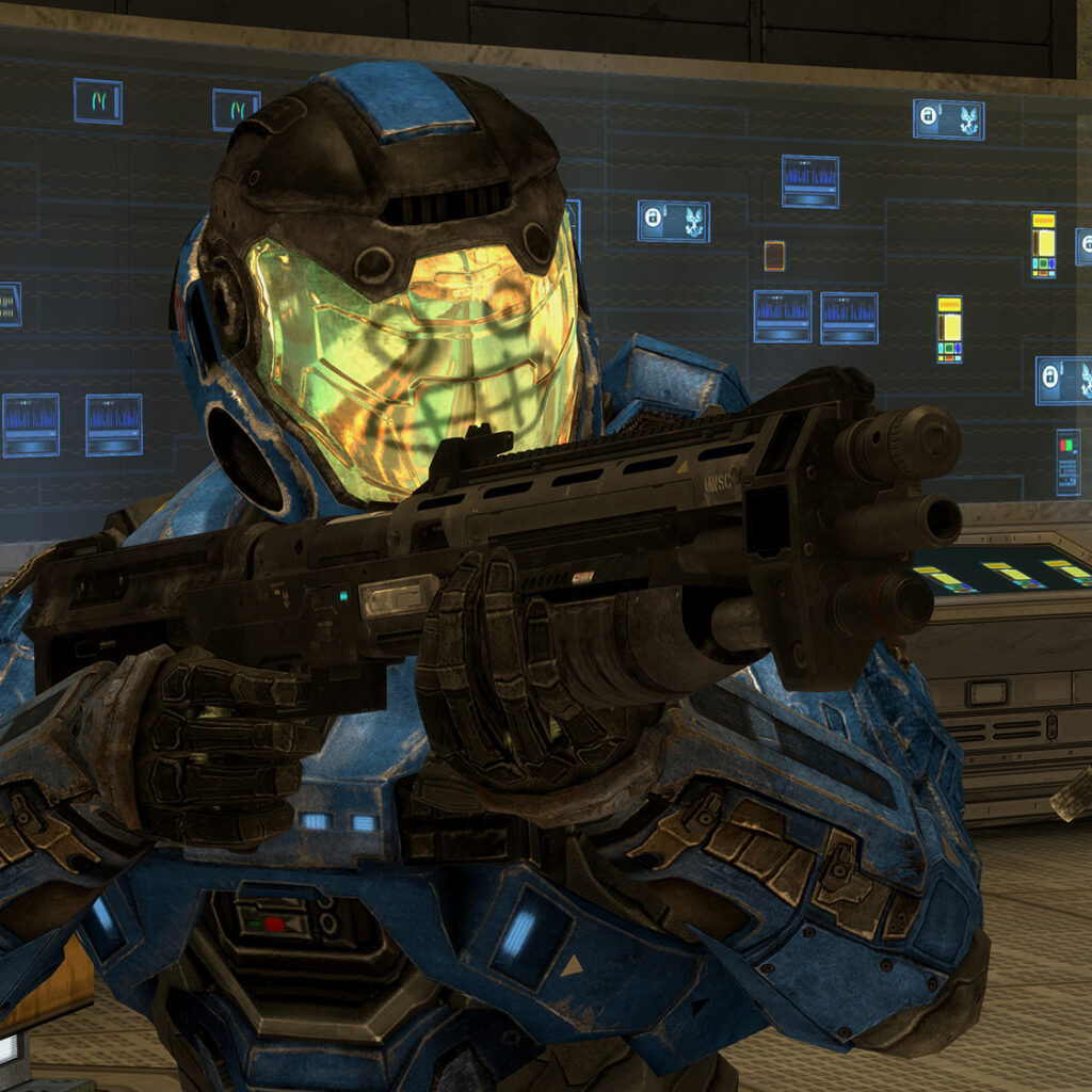 Blue Spartan holding a shotgun wearing the Mister Chief helmet.