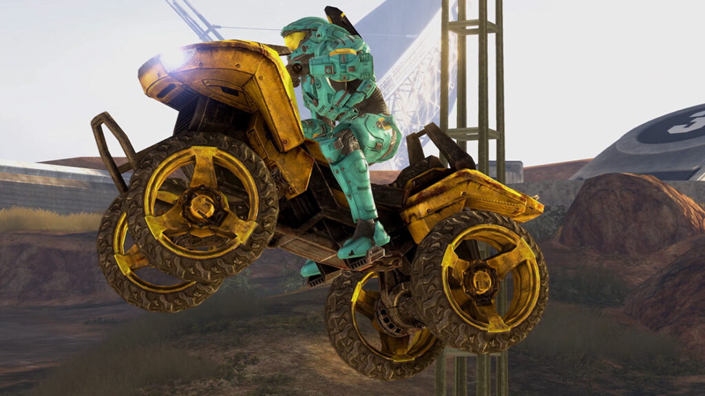 Teal Spartan on Standoff riding a mongoose with the Hazard Pay yellow skin.