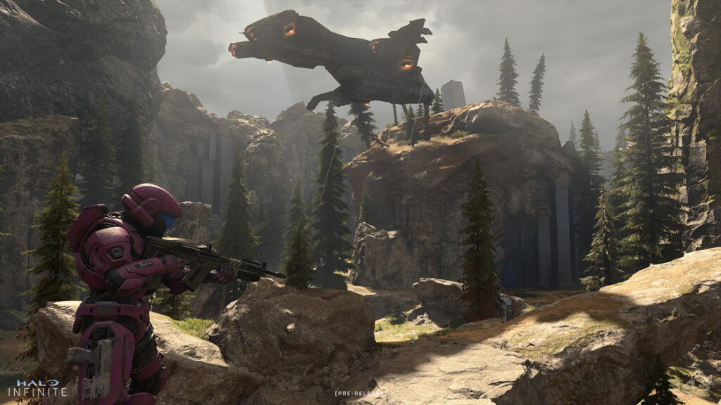 A Pelican flies overhead while a multiplayer spartan stands ready to fight.