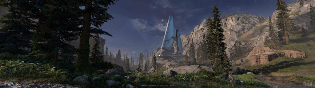 An evening shot of Zeta Halo featuring lush foliage and environment detail to the left and right of the Forerunner structure in the center.
