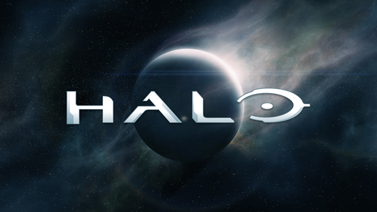 Halo logo overlaying a mysterious planet.