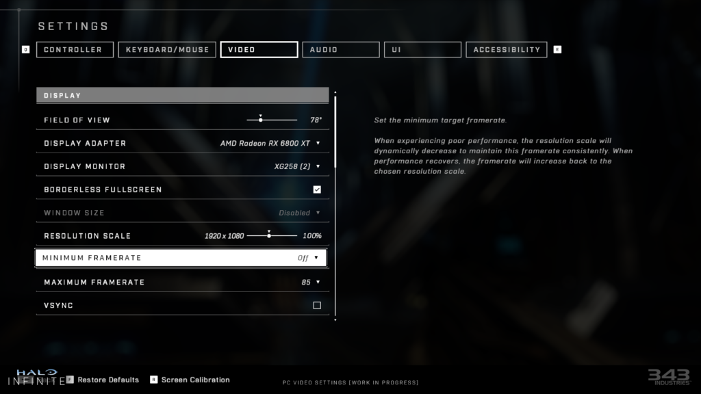 A look at the Halo Infinite settings page, video display sub-section, with options for field of view, minimum framrate, and resolution (to name just a few items available for customization).