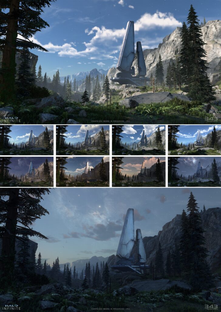A collage of shots from the campaign to show off the day-night cycle that players can expect to see while on Zeta Halo.