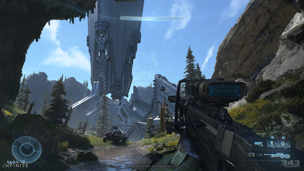 A view of Zeta Halo through the first person view which includes details like equipment in the heads up display (HUD).