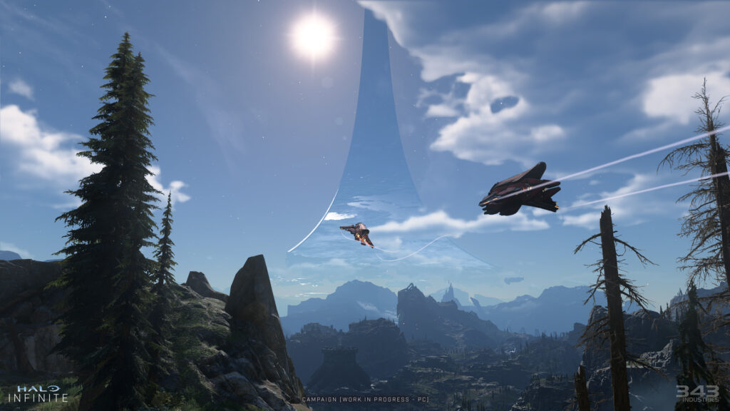 A pair of banshees fly through the blue sky towards the distant horizon where more of Zeta Halo awaits.