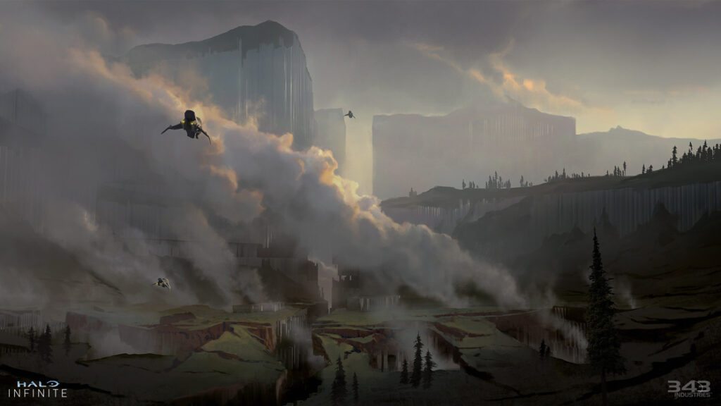 Concept art of two banshees flying over the fractured greenery of Zeta Halo.