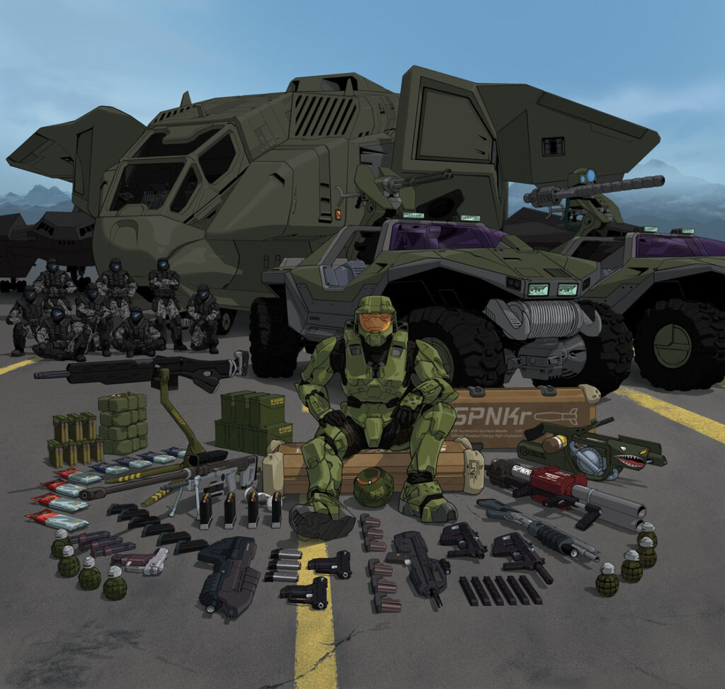 Master Chief surrounded by wide variety of equipment he might use on a mission.