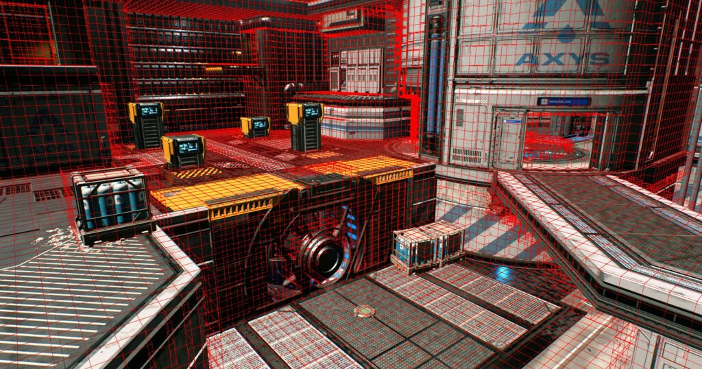 A render of the Recharge multiplayer map with a grid system, in red, wrapping around all surfaces of the map.