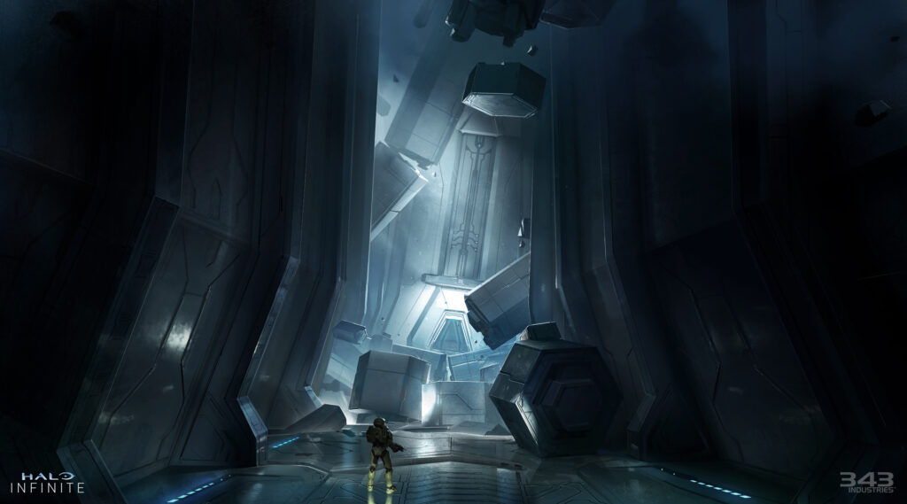 An artistic render of the moody lighting and hexagonal structures found in the Forerunner interiors on Zeta Halo.