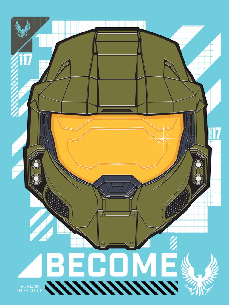 A bold pop-style print of Master Chief's helmet. Click to listen to selections of the Halo Infinite soundtrack on spotify.