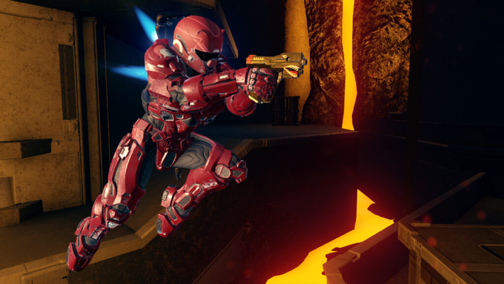 A red Spartan from Halo 5 boosts into battle.