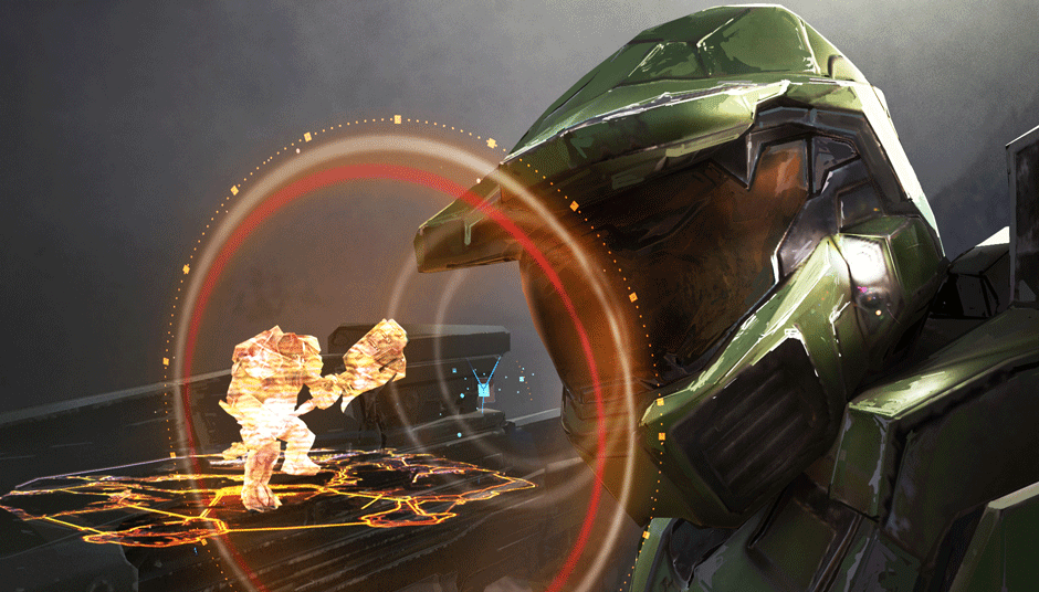 Master Chief looks at a hologram of a Brute.