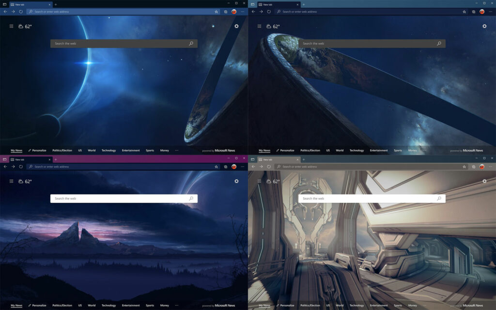 Examples of Halo themes for Microsoft Edge.