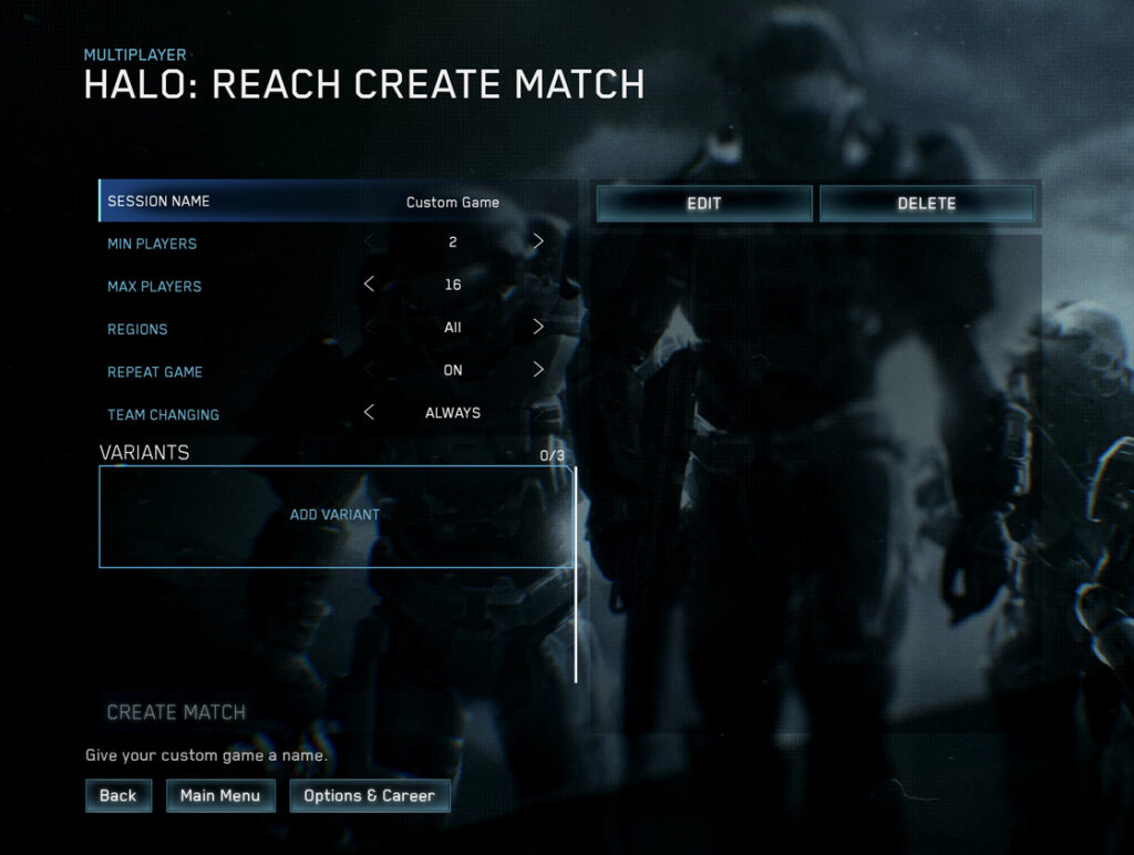 A screenshot of the game creation screen for Halo: Reach's Custom Game Browser.