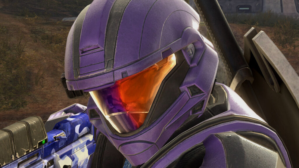 An up close shot of a purple spartan wearing the Another Sunrise visor.