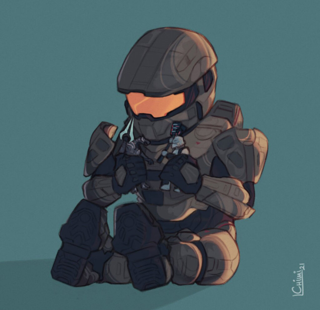 A digital drawing of a baby Master Chief, holding Arbiter and Brute figurines.