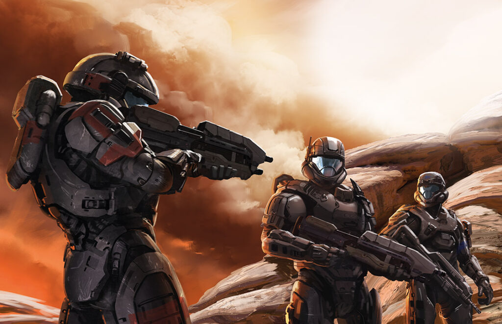 Spartans stand at the ready, in a digial painting.
