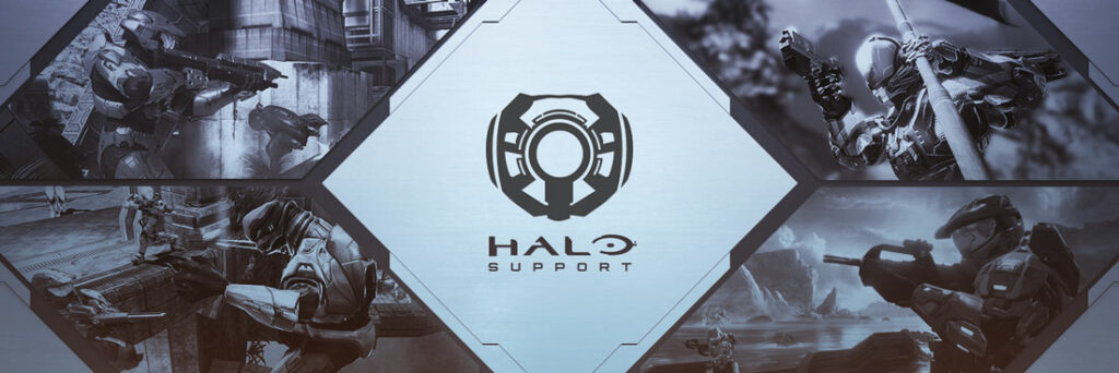 Halo Support logo with Spartans in black & white surrounding it.