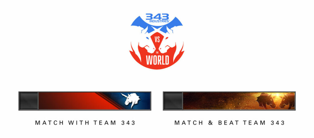 Screenshot of the 3 4 3 vs. The World event nameplates. The red and blue nameplate was awarded for matching the studio team. The other, orange flame unicorn, was awarded for beating the studio team in the match.