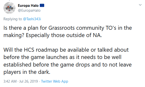 Screenshot of tweet asking if there is an update to the HCS Grassroots program