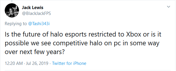 Screenshot of tweet asking if competitive Halo may come to PC