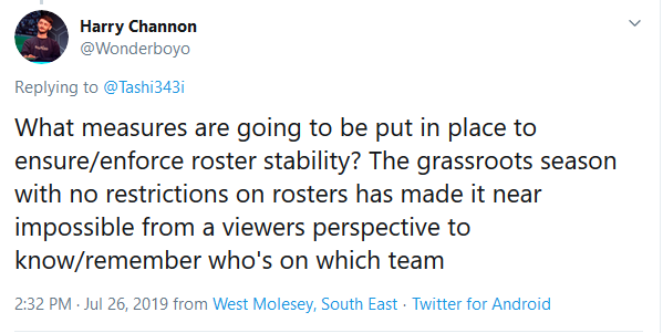 Screenshot of tweet asking if there will be stricter roster restrictions in place.