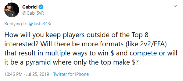 Screenshot of tweet asking if there will be secondary competitive formats for players to participate in outside of standard 4v4