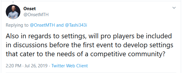 Screenshot of tweet asking if Pro Players will be solicited for feedback on competitive settings.