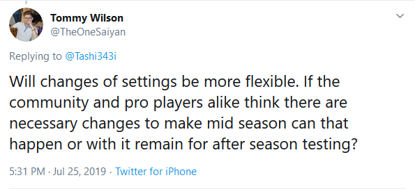 Screenshot of tweet asking if changes to competitive settings could occur mid-season
