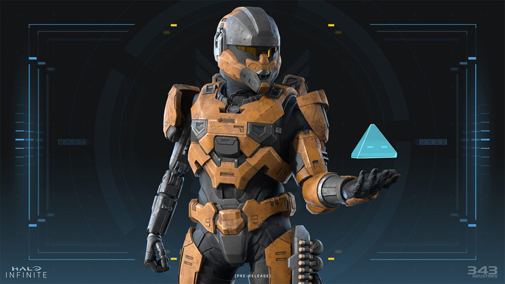 A render of a Spartan holding their Personal A.I., Fret.