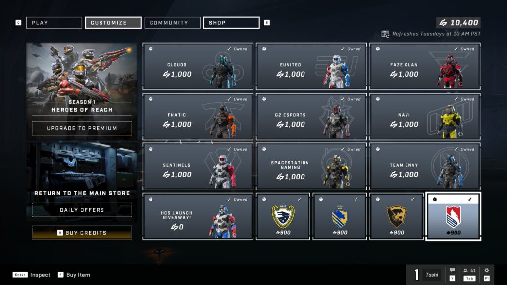 Screenshot of the esports store in Halo Infinite with all of the partnered teams and regional bundles available for sale.