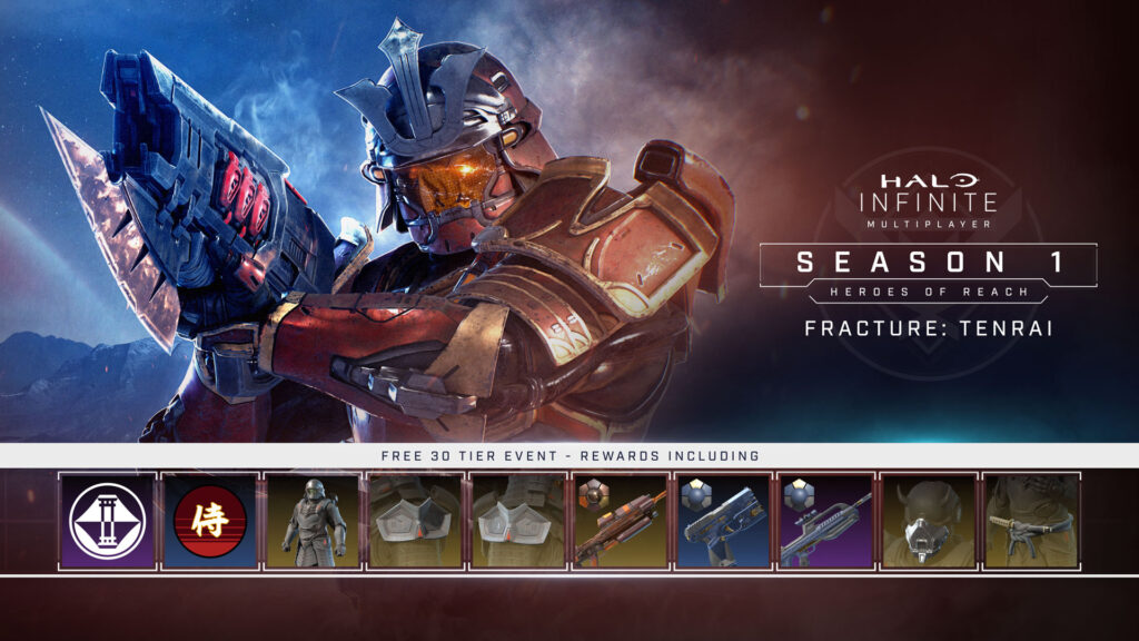 A visual that shows off the free cosmetics players will be able to unlock as part of the Fracture Tenrai Event Pass. 
