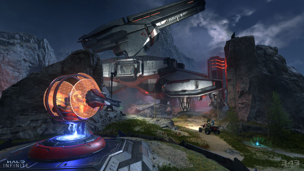 Screenshot of a shade turret and Banished turret from Halo Infinite BTB map "Deadlock."
