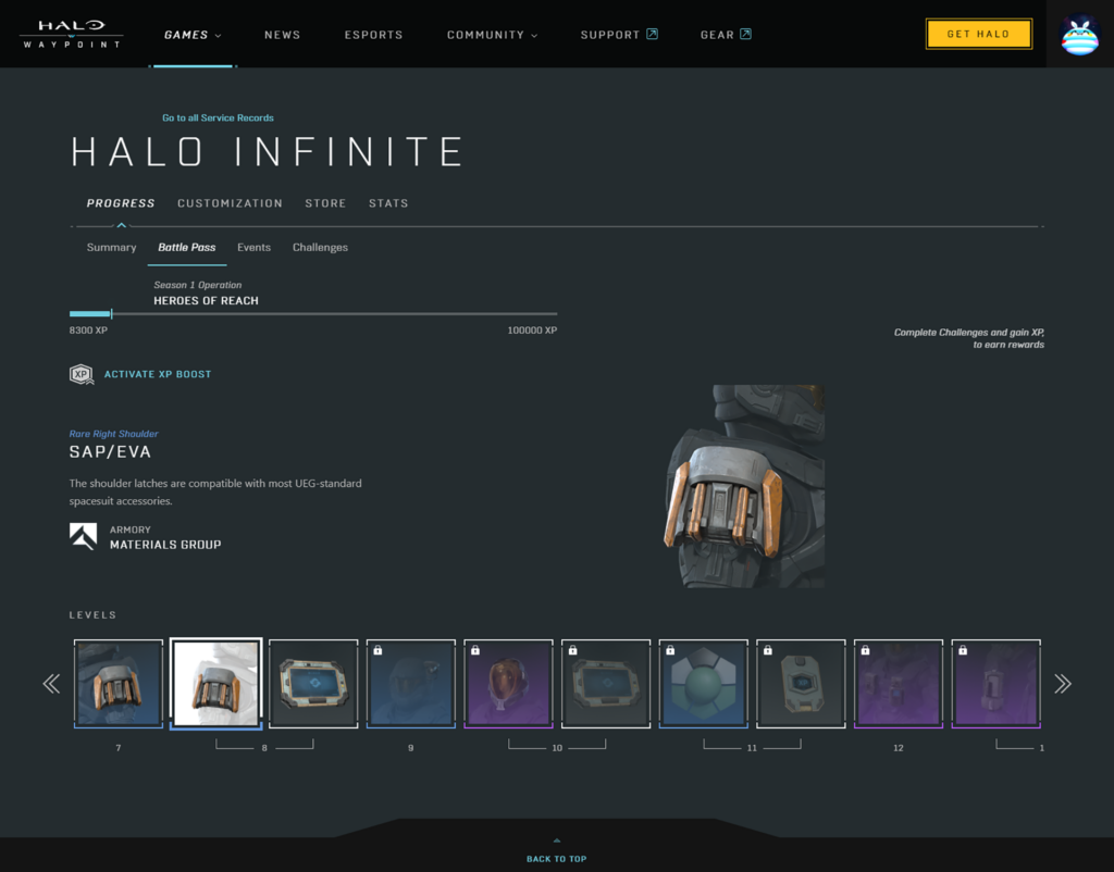 Battle Pass progression on Halo Waypoint's Halo Infinite profile