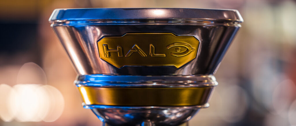 Close up of the cup of the Halo World Championship trophy. It reads "Halo" on it.