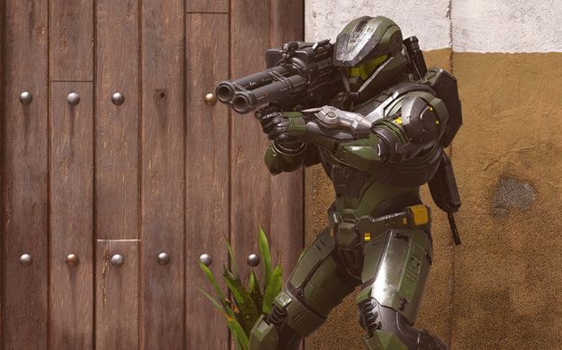Screenshot of a green and gold Spartan poised to fire a rocket launcher on Bazaar