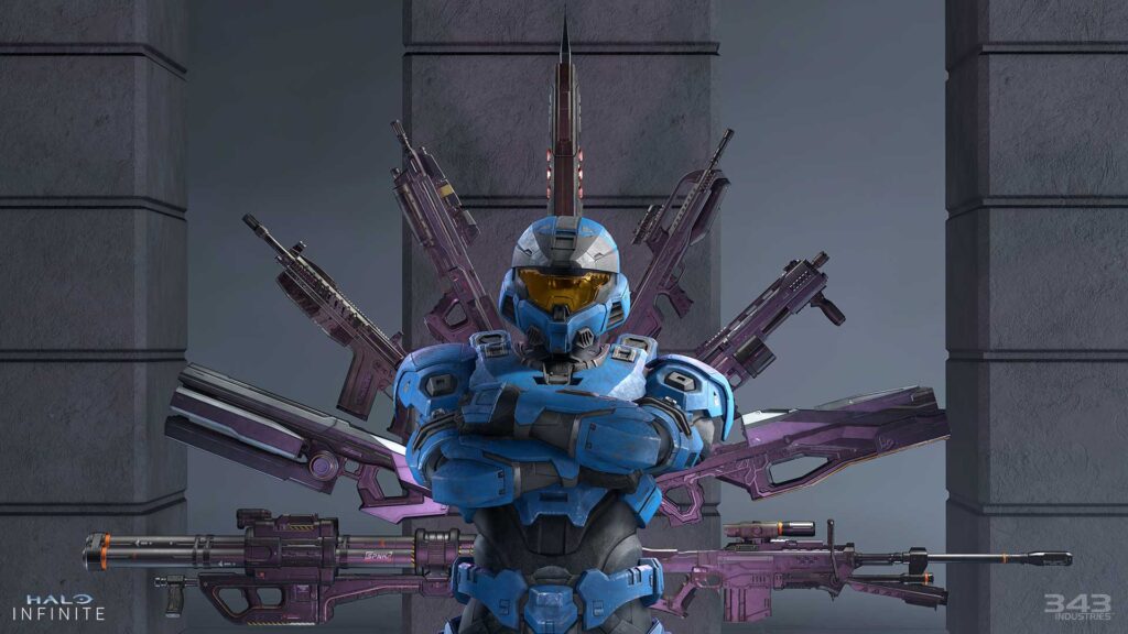 Spartan flanked by various Halo Infinite weaponry for the MP Fiesta mode