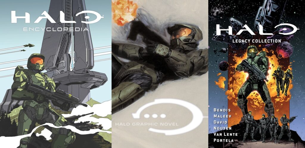 The Halo Encyclopedia, Halo Graphic Novel, and Halo Legacy Collection.