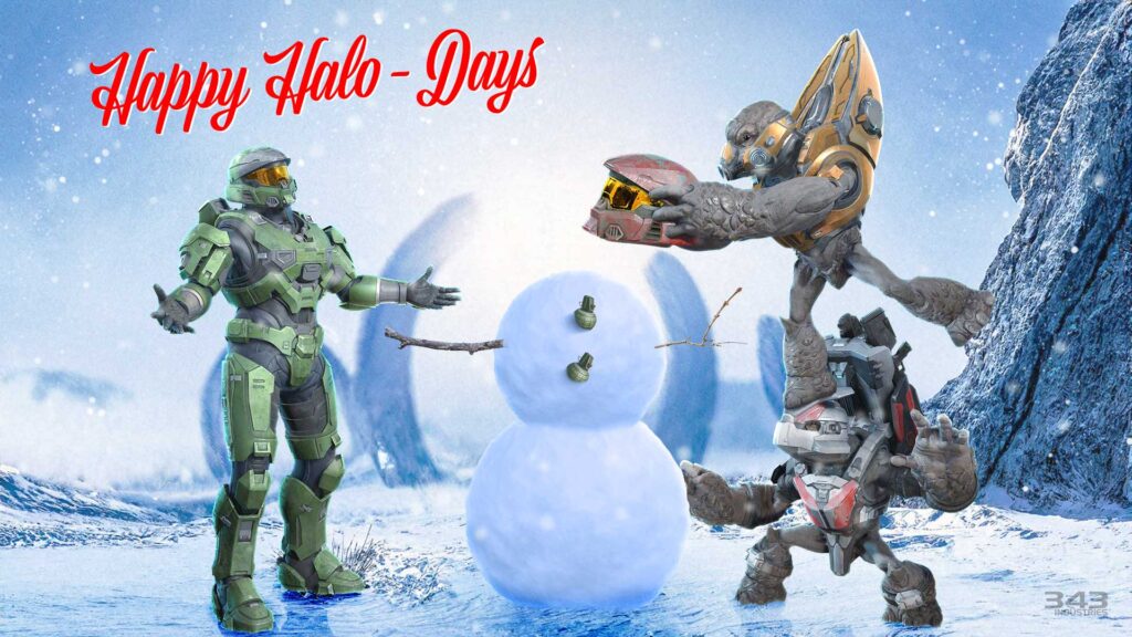 Holiday art of a Grunt standing on another Grunt's head, placing a MJOLNIR helmet on a snowman while a Spartan watches.