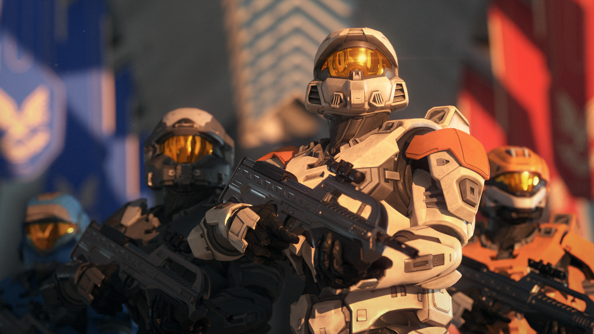 Halo Infinite Spartans in a heroic pose looking up as the sun glares off their visors and UNSC banners colored red and blue hang behind them out of focus.