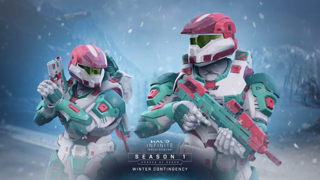 Winter Contingency event key art of two Spartans in red, white, and green holiday coatings.