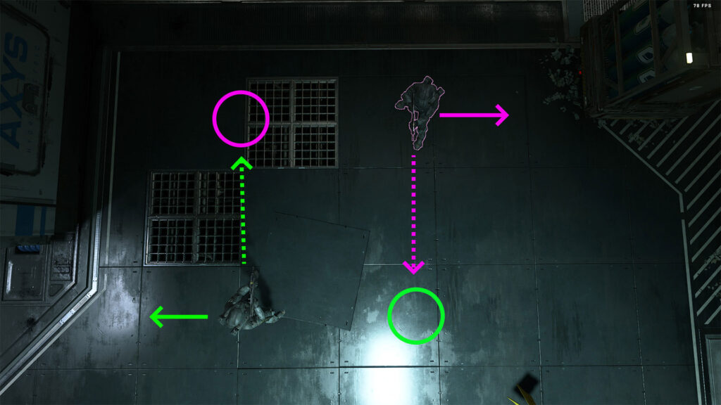 Top down view of two spartans, circles in pink and bright green show where each plays sees the other. The dotted line shows the direction that each player lunged.