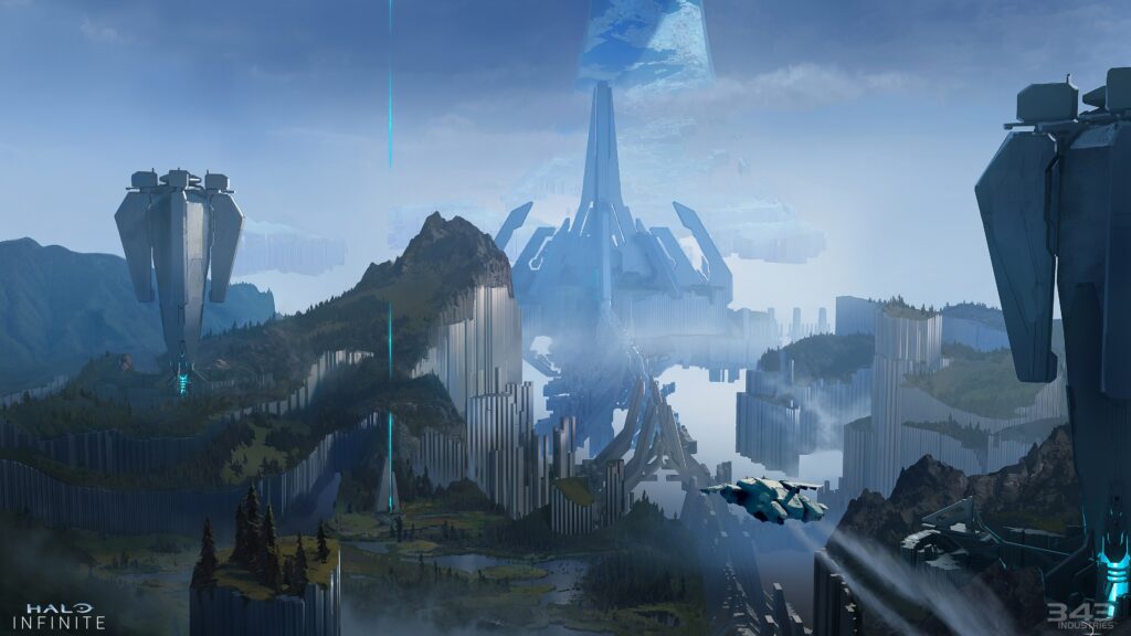 Halo Infinite concept art of Zeta Halo landscape with spires and Silent Auditorium