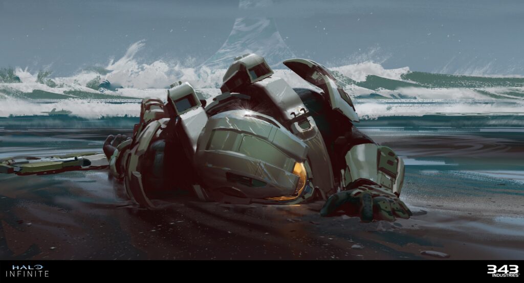 Halo Infinite concept art of Master Chief washed up on a beach on a Halo ring