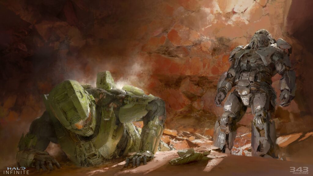 Halo Infinite concept art of Atriox towering over a downed Master Chief