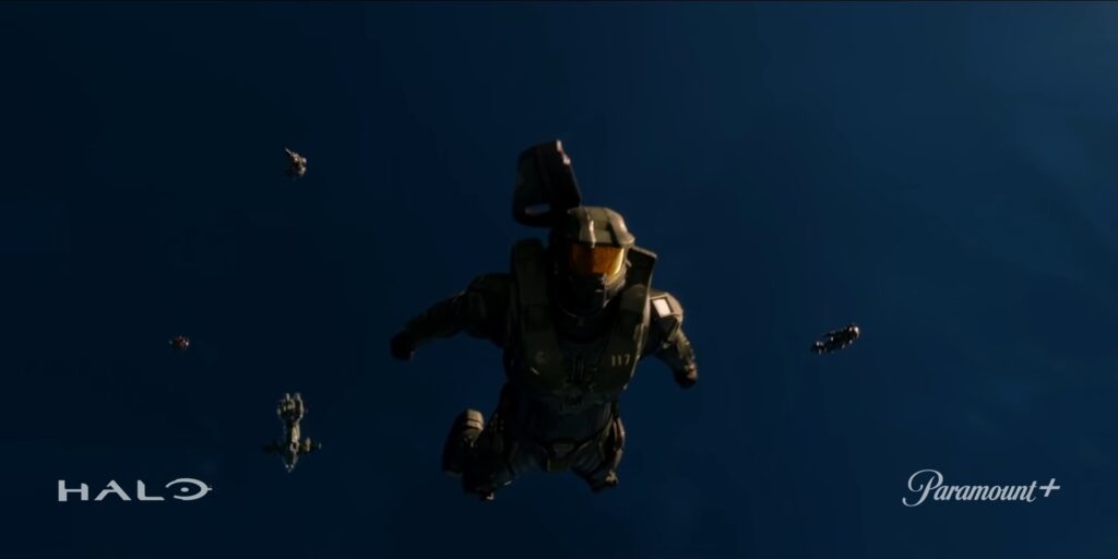 Trailer shot of Silver Team deploying from a Pelican.