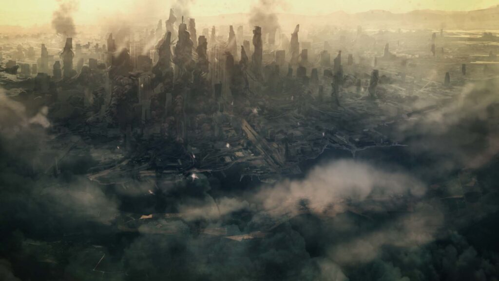Screenshot of human city from Halo: Spartan Assault.